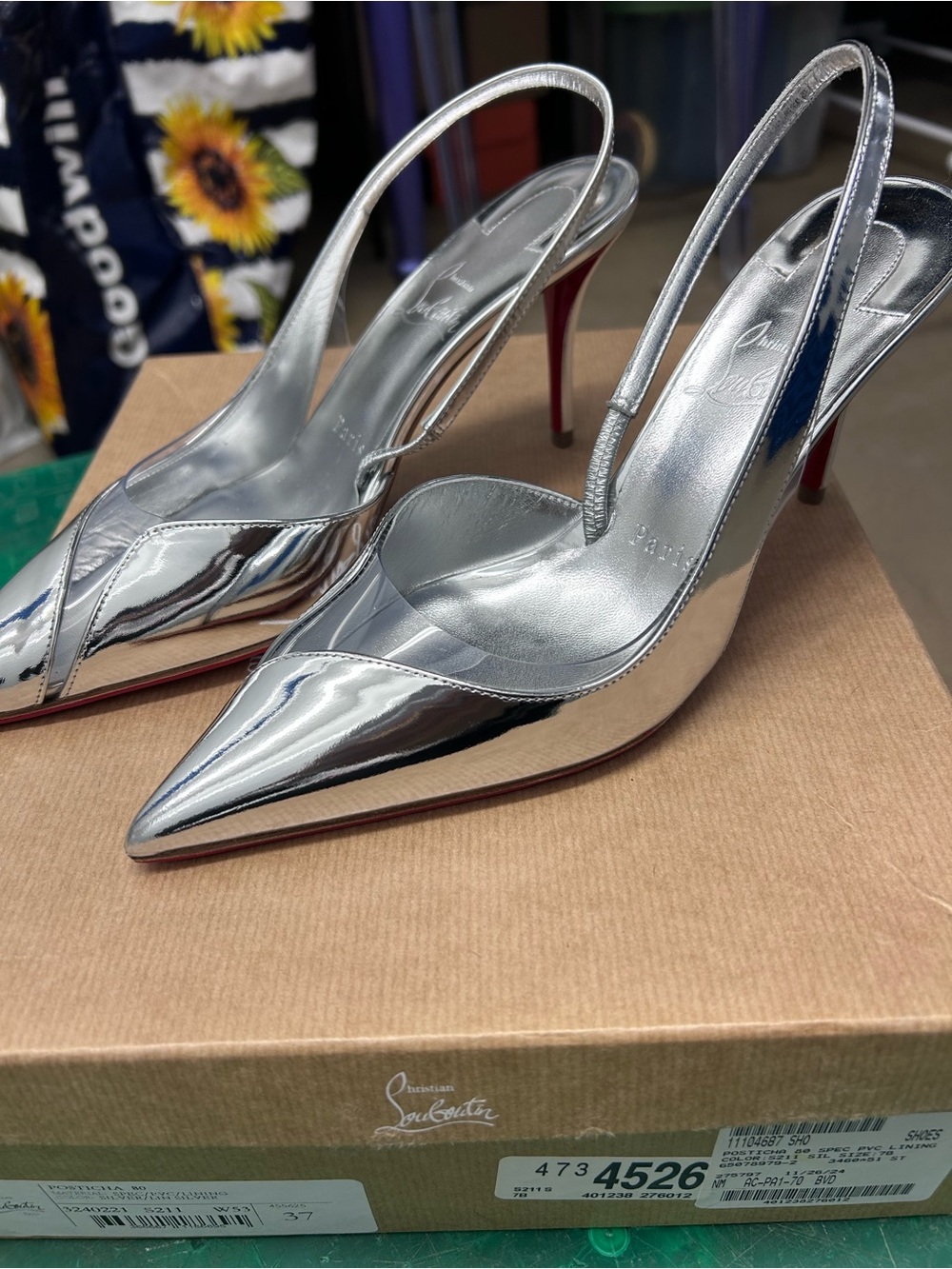 Christian Louboutin Silver Mirror-Patent Slingback Pumps
